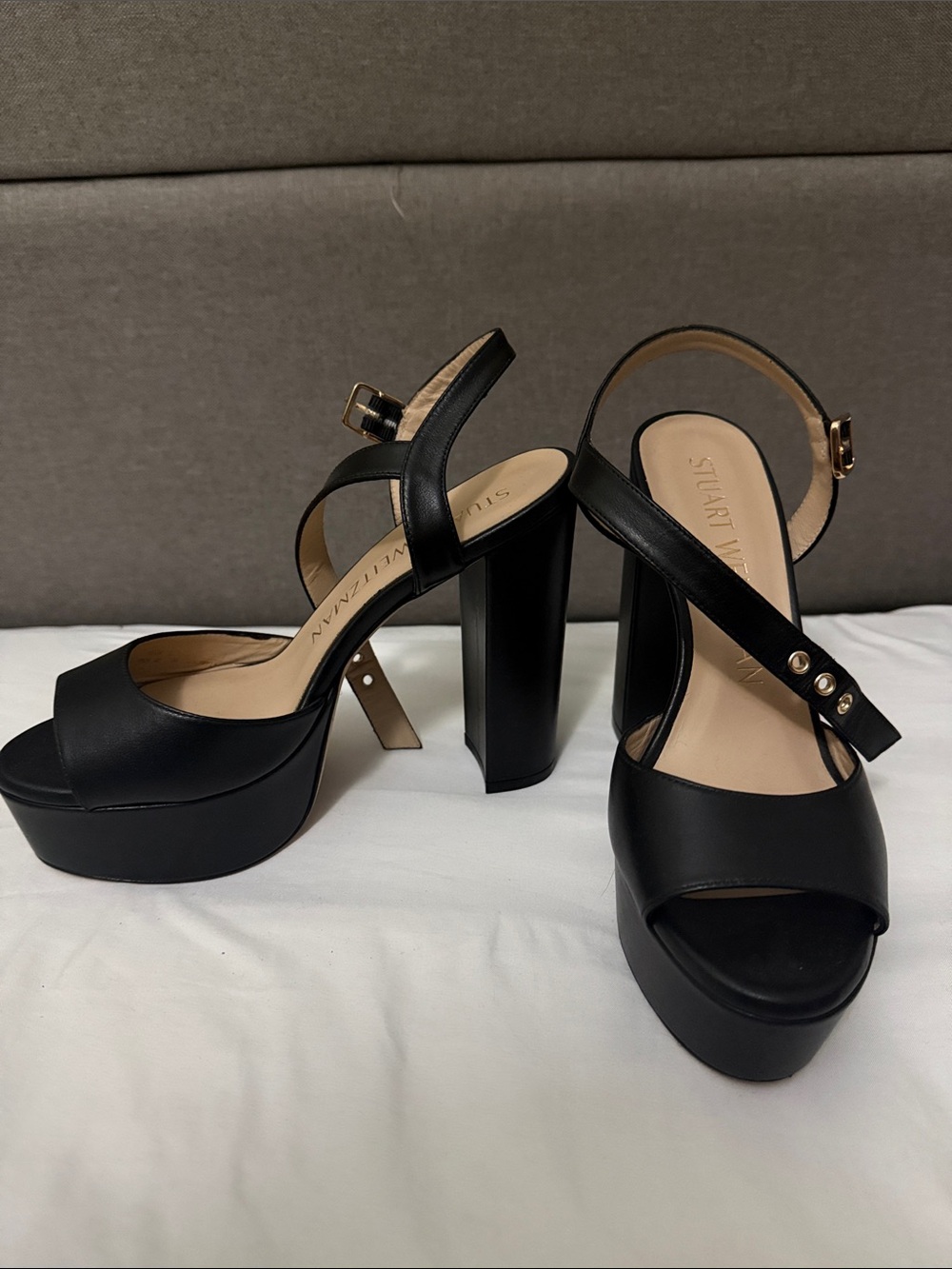 Stuart Weitzman Black Leather Platform Block-Heels with Gold Buckles